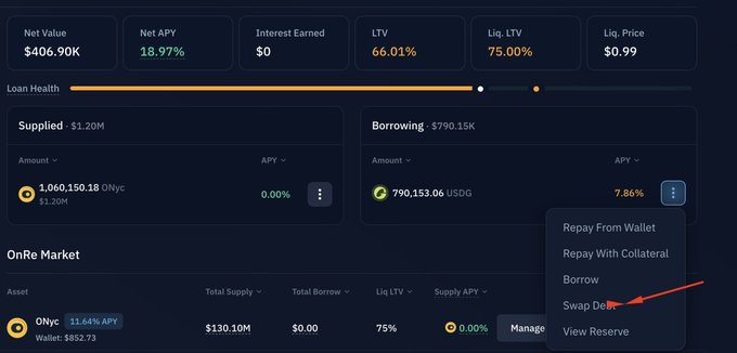 The image shows a Kamino lending dashboard with a net value of $406.90K, displaying supplied ONyc ($1.20M) and borrowed USDG ($790.15K), where a red arrow highlights the "Swap Debt" option in the dropdown menu. This relates to the post by emphasizing Kamino's underrated DeFi feature that allows loopers to optimize yield and risk by swapping debt positions with a single click.