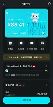 A Chinese mobile payment screen showing a balance of ¥85.41 with '2% cashback in S&P 500' promotion and a recent transaction of +12.19 USD.