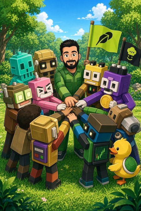 A cartoon-style illustration shows a bearded man in a green shirt standing in a circle with various colorful blocky robot characters and a rubber duck, all joining hands in a grassy outdoor setting with flags overhead.