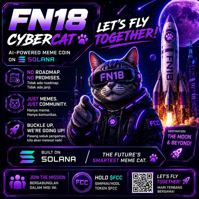 A promotional graphic for 'FN18 CYBERCAT', an AI-powered meme coin on Solana, featuring a cyberpunk-styled cat in goggles with the text 'LET'S FLY TOGETHER!' and 'DESTINATION: THE MOON & BEYOND!'.
