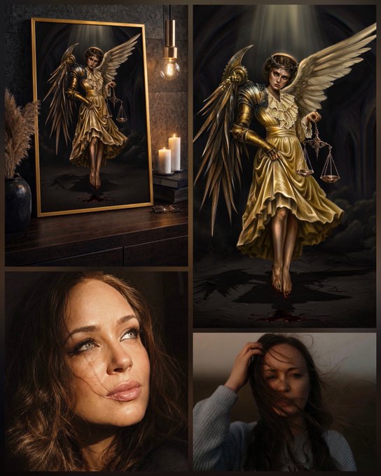 A collage features a framed painting of a golden, winged angelic figure holding scales, alongside a larger version of the same angel and two portrait photographs of a woman with long dark hair.