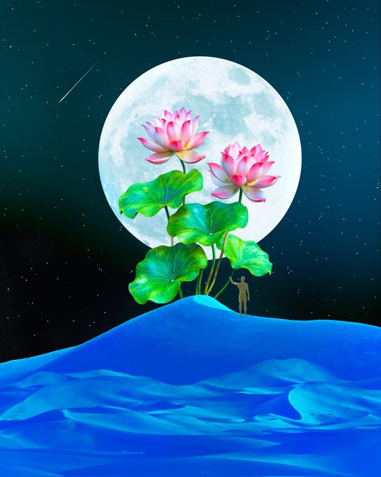 The image features a digital art piece with three pink flowers, each one standing tall next to another flower, all situated atop a hill. The background of the image is dark blue, which contrasts nicely with the vibrant colors of the flowers. In the bottom right corner of the image, there's a post that reads "⟡ ( Silent Wish ) ⟡ 1/1". This post seems to be related to the artwork or could be an unrelated piece of content.