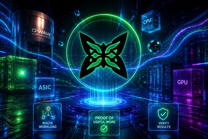 A futuristic digital graphic illustrating various computing hardware (D-Wave Quantum Systems, CPU, ASIC, GPU) with a central green butterfly-like logo and text highlighting 'ROUTE WORKLOAD,' 'PROOF OF USEFUL WORK,' and 'VERIFY RESULTS'.
