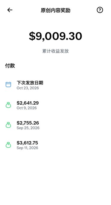 The image displays an X (formerly Twitter) Creator Revenue Sharing dashboard showing a total accumulated payout of $9,009.30, with the most recent payment of $2,641.29 issued on October 9, 2026. This matches the post's reference to a two-week payout of $2,641.29, suggesting the user is sharing their latest "low-guarantee" earnings as part of a farewell series of payslip reveals.