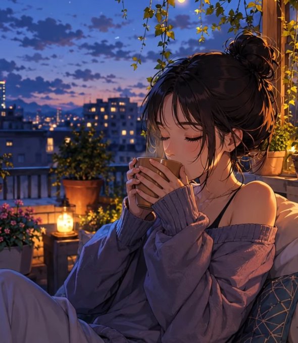 Anime-style artwork of a girl with dark hair holding a warm mug on a balcony at night, with city lights in the background.