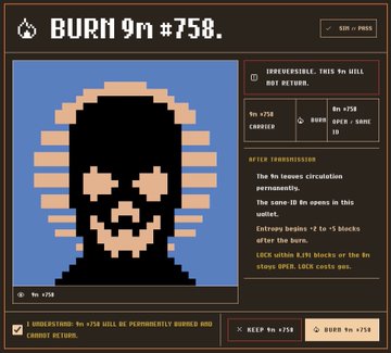 A webpage screenshot displays a profile for 'BURN 9m #758' featuring a pixelated image of a hooded figure. The interface includes buttons like 'KEEP 9m #758' and 'BURN 9m #758', along with text explaining the burning process and the irreversibility of the action.
