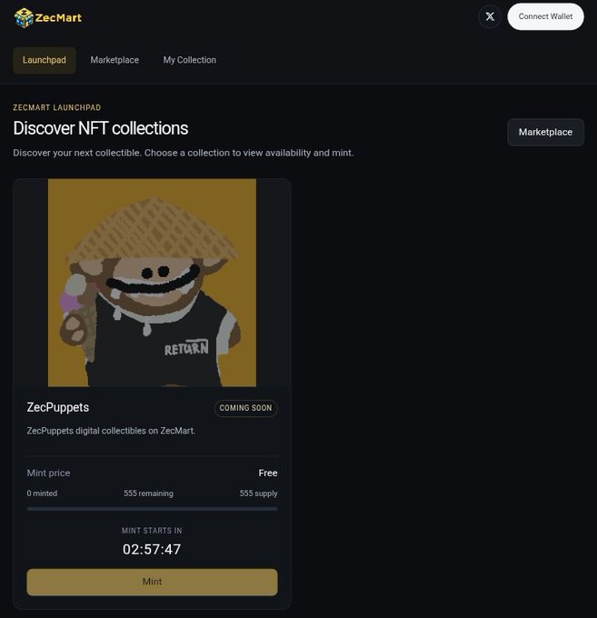 Screenshot of the ZecMart Launchpad showing a 'Discover NFT collections' page for 'ZecPuppets' with a 'COMING SOON' tag, free mint price, 555 supply, and a countdown timer of 02:57:47.