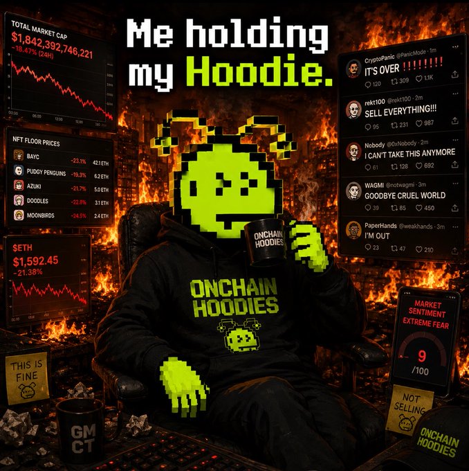 A meme image titled 'Me holding my Hoodie' featuring a figure in a green 'ONCHAIN HOODIES' mask and sweatshirt, sitting against a backdrop of crashing crypto market charts and a 'Market Sentiment: Extreme Fear' gauge.