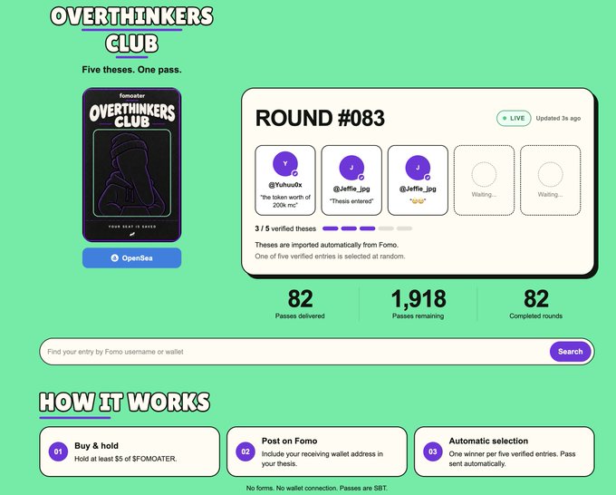The image shows the "Overthinkers Club" website displaying "Round #083" with a "LIVE" indicator, showing 82 passes delivered, 1,918 passes remaining, and 82 completed rounds, featuring verified theses entries from users like @Yyhua8x and @Jeffie_jpg. The stats reflect the steady progression toward the 2,000 passes remaining milestone mentioned in the post, highlighting the community-driven, automated pass-delivery system on Fomo.