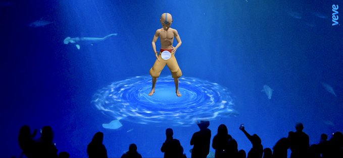 An animated character with a mask floats in a blue pool of water while silhouettes of an audience watch and cheer in the foreground.