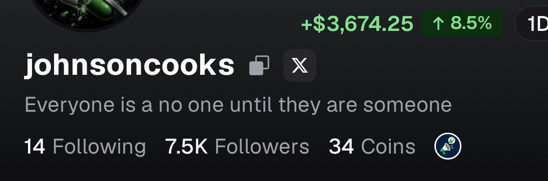 A screenshot of the "johnsoncooks" profile on Pumpfun showing 7.5K followers and $3,674.25 with an 8.5% increase, illustrating the post's claim of rapid growth and gains.