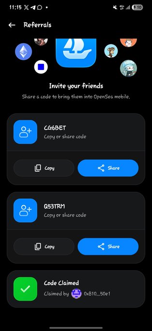 OpenSea mobile app Referrals screen titled 'Invite your friends' displaying two invite codes (CG6BET and Q63TRM) with Copy/Share buttons and a 'Code Claimed' confirmation.