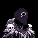 A dark, pixel-art style figure with a single glowing white eye and tattered clothing stands ominously against a black background.