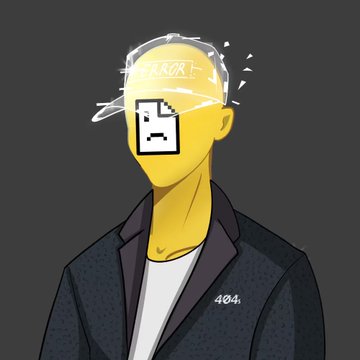 A minimalist digital illustration of a yellow-skinned figure wearing a backwards cap and dark jacket over a white shirt, with a pixelated square face displaying a simple emoticon and the text "ERROR!" above the head, set against a gray background.