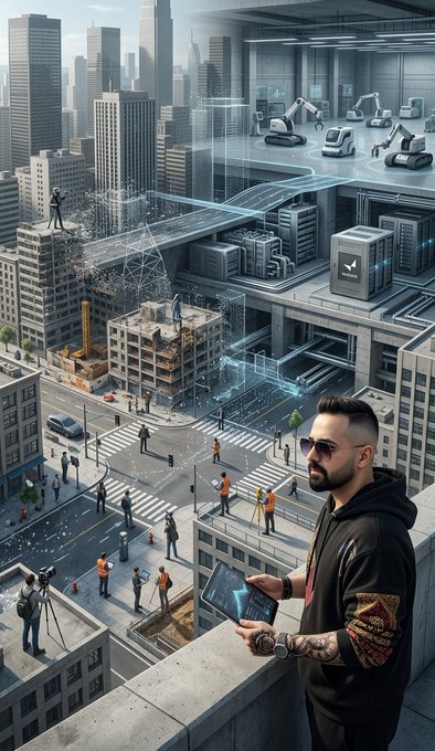 A futuristic digital artwork showing a man with sunglasses and tattoos overlooking a stylized cityscape featuring workers, drones, and construction elements.