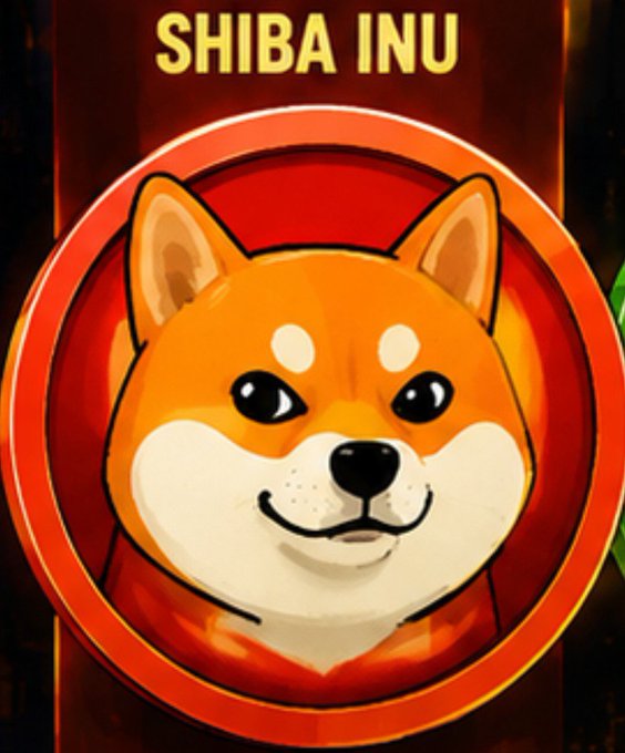 A digital illustration of a Shiba Inu dog meme coin with the text 'SHIBA INU' displayed at the top against a red circular emblem.