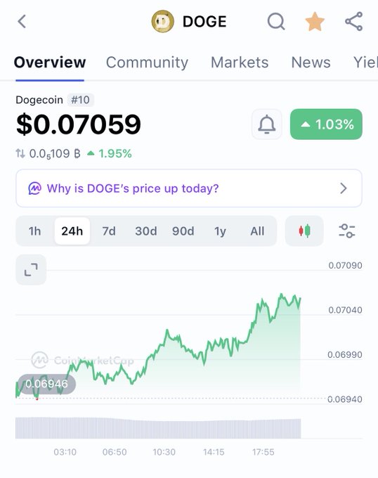 A CoinMarketCap screenshot shows Dogecoin (DOGE) trading at $0.07059, up 1.03% over 24 hours with a daily high of $0.109. The image highlights the stark contrast between DOGE's current sub-penny price and the post's bold $3 price prediction.