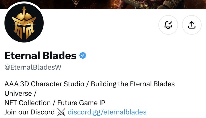 A Twitter profile for @EternalBladesW, a verified account describing itself as an "AAA 3D Character Studio / Building the Eternal Blades Universe / NFT Collection / Future Game IP," with a Discord invite link (discord.gg/eternalblades). The image showcases the account's branded golden warrior helmet avatar and bio, which the accompanying post highlights as an early find worth following and positioning in.