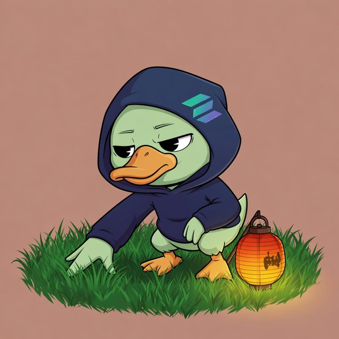 The image features a cartoon duck wearing a hoodie, standing on grass with its feet touching the ground. The duck has an orange lantern attached to its back, which appears to be glowing. In the background, there are some text elements that read "Good Evening Legends! Touched some grass today and it' s actually amazing but Web3 is not sleeping on Sundays, so I'm still grinding hard with @wallchain quackers. AttentionFi is leading the creators economy and Wallchain is one of the best movers". The duck's position in front of these text elements suggests that they are part of a larger story or narrative related to the post.