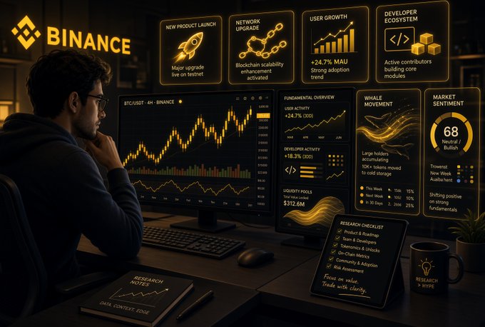 A focused trader analyzes a Binance dashboard showing BTC/USDT price action alongside key fundamental metrics including "+24.7% MAU" user growth, "$18.3% (30D)" developer activity, "68 Neutral/Bullish" market sentiment, and whale movement tracking, illustrating how on-chain and ecosystem signals—like protocol upgrades, token unlocks, and liquidity shifts—provide critical context beyond the chart itself.
