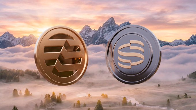 The image features two coins, one silver with a "S" logo and the other gold with an "E" logo. They are positioned side by side against a backdrop of mountains under a sunset sky. The text "Aptos Securitize" is also present in the image.
