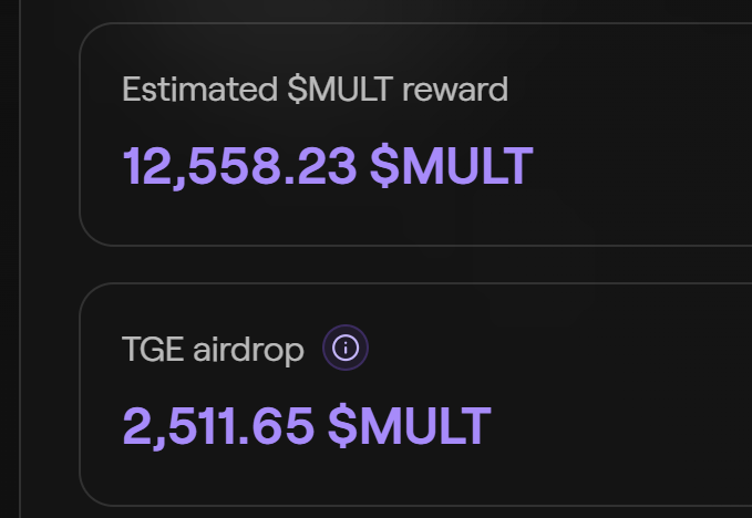 The image displays a dashboard from Multipli.fi showing an "Estimated $MULT reward" of 12,558.23 $MULT and a "TGE airdrop" allocation of 2,511.65 $MULT. This visually confirms the user's post about receiving approximately 12,558 $MULT total (with about 2,511 in the airdrop portion) from the Multipli platform, matching the rewards they chose to vest.