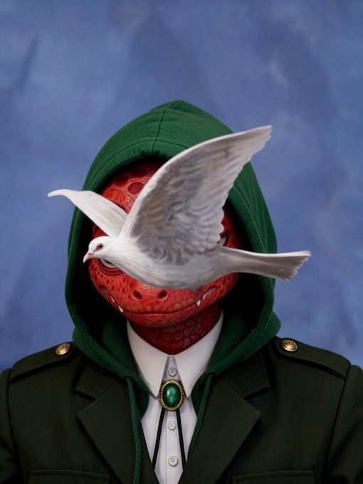 A surreal portrait featuring a figure in a green hooded jacket and white shirt with a green gem bolo tie, wearing a red textured mask with small fangs, while a white dove flies across their face against a blue backdrop.