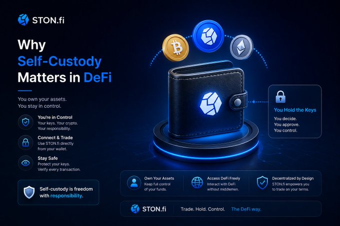 A STON.fi infographic titled 'Why Self-Custody Matters in DeFi' featuring a leather wallet graphic, emphasizing user control, secure trading via STON.fi, and protecting keys with the tagline 'Trade. Hold. Control. The DeFi way.'