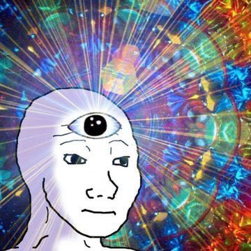 A stylized illustration of a serene face with a third eye on its forehead, surrounded by a colorful cosmic explosion of light and floral patterns.