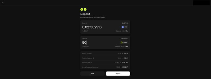 A deposit confirmation screen for the Fables portfolio on the Robinhood chain shows a deposit of $50 USDC earning an APR of 165.7%, with a total balance of 0.021532916 ETH (≈$77.13), illustrating the early-stage yield farming opportunity referenced in the post.
