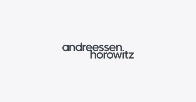 The Andreessen Horowitz (a16z) venture capital firm logo displayed in dark text on a light gray background.