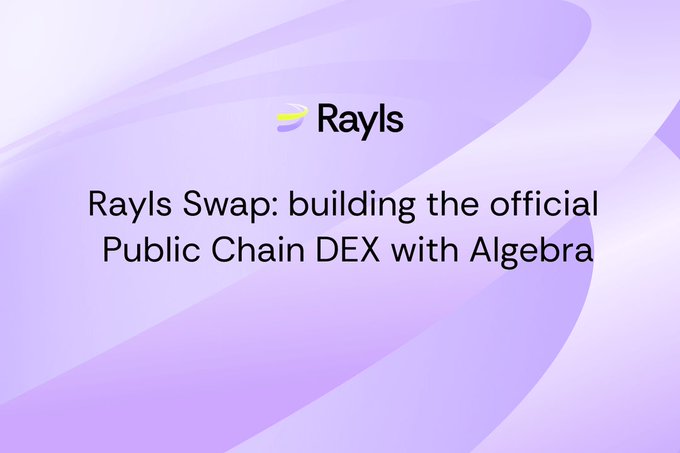 The image features a purple background with white text that reads "Rayls Swap: building the official DEX with Algebra Integral technology stack Algebra powers over QuickSwap Camelot THENA and StellaSwap delivering modular concentrated liquidity with dynamic fees plugins and seamless". The image is related to the post because it showcases how Rayls is using a public chain, specifically the DEX, for their swap mechanism. This integration of the DEX into Rayls' system demonstrates the company's commitment to leveraging existing technology to create innovative solutions in the crypto space.