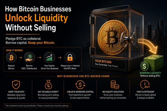 An infographic titled 'How Bitcoin Businesses Unlock Liquidity Without Selling,' explaining BTC-backed loans through a four-step process (Deposit, Borrow, Use Capital, Repay) with benefits like keeping your BTC and no taxable event.