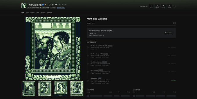 A screenshot of a website called 'The Galleria' displaying 'The Florentine Hiders #1' NFT collection, showing currency options, mint schedule, and live sales information.