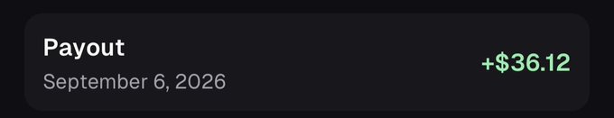 A dark notification card displays a "Payout" alert dated September 6, 2026, showing a successful transaction of "+$36.12" highlighted in green, suggesting the user has received a small earnings payout likely tied to their activity or request on Pumpfun.