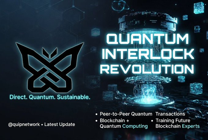 In this image, there's a black banner with a white butterfly logo that features blue text that reads "Quantum Interlock Revolution". Below this, the phrase "Direct. Quantum. Interlock Revolution" and "Focus on what is in the image & how it relates to the post." are written. The background of the banner has various blue cubes placed across its surface. Also visible behind these cubes is a teal-colored bird with black wings positioned above the butterfly logo, possibly representing a symbol related to the technology or discussion surrounding Quantum Interlock Revolution.