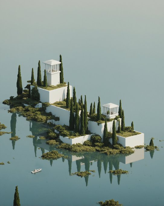 A surreal 3D render shows a floating island with white geometric buildings and cypress trees surrounded by reflective water, with a small boat visible below.