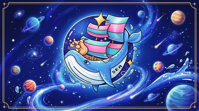 A colorful fantasy illustration of a blue sailing ship labeled 'SEA' floating through outer space, surrounded by planets, stars, and cosmic waves, with a small creature on the bow.