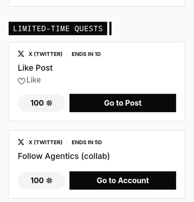 A screenshot of limited-time quests offering 100 points for liking a Twitter post and following Agentics (collab), with respective 'Go to Post' and 'Go to Account' buttons.
