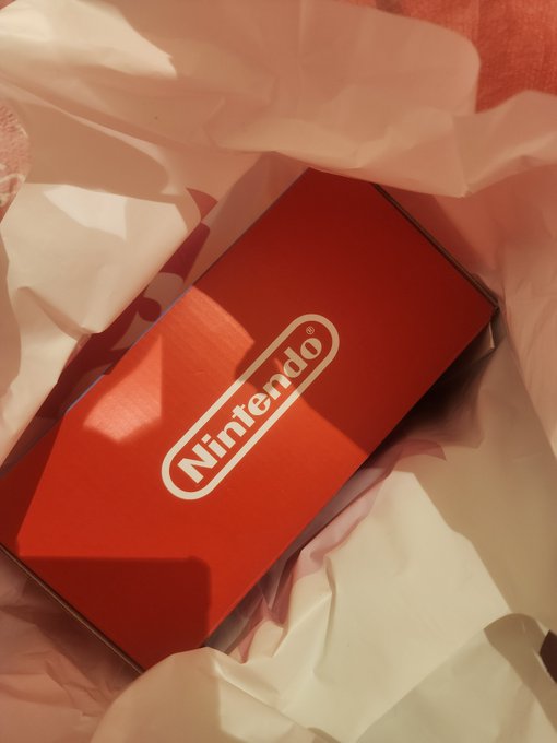 A red Nintendo-branded box rests inside a white gift bag.