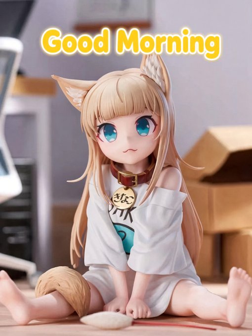 A digital illustration of a blonde anime-style character with cat ears and blue eyes, wearing a white off-shoulder shirt and sitting on the floor with a bowl and chopsticks; yellow 'Good Morning' text appears at the top.