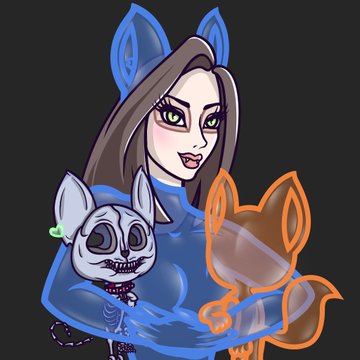 A digital drawing of a woman with green eyes and blue fox-like ears holding an orange and a robotic animal against a dark background.