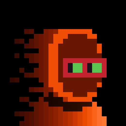 A pixel art character in an orange hooded outfit with a red face mask featuring green square eyes, set against a black background.