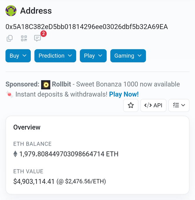 Etherscan screenshot showing a suspicious Ethereum address "0x5A18C382eD5bb01814296ee03026dbf5b32A69EA" holding nearly 2,000 ETH (worth $4,903,114.41), reportedly linked to an Injective protocol exploit where the hacker drained roughly $5 million from a shared master deposit account via a fabricated Binary Options market.