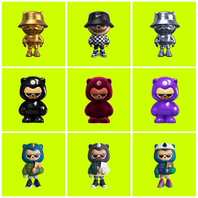 A 3x3 grid on bright green background showcasing nine stylized bear-like figurines in various colors including gold, black, silver, maroon, purple, and blue outfits.