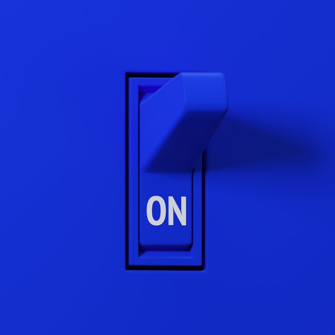 A vibrant blue toggle switch flipped upward against a matching blue background, with the word "ON" displayed in white, visually reinforcing the post's message to "Flip the Switch" and "Unlock the future" through XPR Network's Loan Protocol and Metal Blockchain.