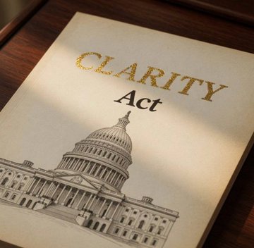 A stylized document cover titled "CLARITY Act" featuring an illustration of the U.S. Capitol building lies on a wooden surface, symbolizing the legislative effort. The image visually reinforces the post's announcement that the Crypto CLARITY Act failed to pass the Senate cloture vote.