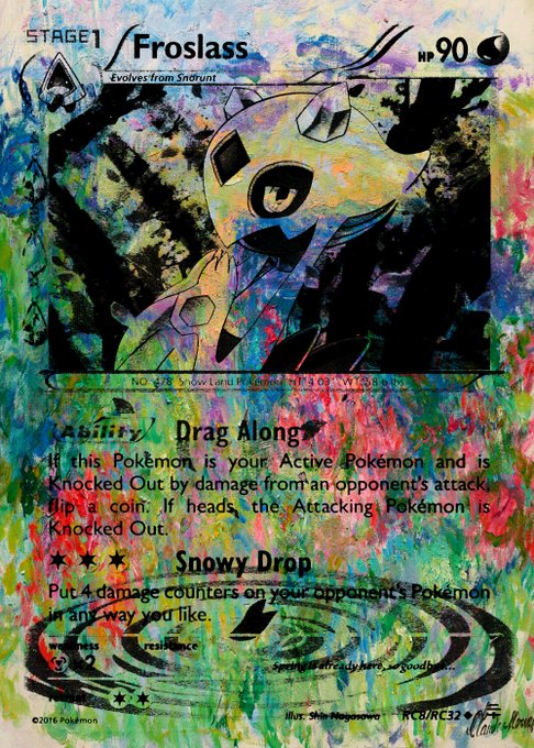A custom hand-painted Pokémon trading card featuring 'Froslass' as 'STAGE 1' with HP 90 and abilities 'Drag Along' and 'Snowy Drop', created by artist Milo Manara.