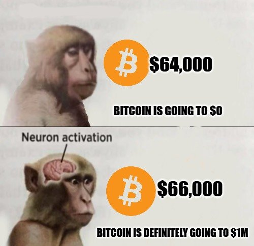 A meme using monkey images to predict Bitcoin prices: the top shows BTC at $64,000 with the caption 'BITCOIN IS GOING TO $0', while the bottom shows 'Neuron activation' with BTC at $66,000 captioned 'BITCOIN IS DEFINITELY GOING TO $1M'.