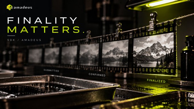 Image: A promotional banner featuring the Amadeus logo with the text 'FINALITY MATTERS' and 'SDK / AMADEUS'. The graphic shows a film strip over a darkroom with photos of mountains labeled 'SUBMITTED', 'CONFIRMED', and 'FINALIZED', illustrating a blockchain finality process.